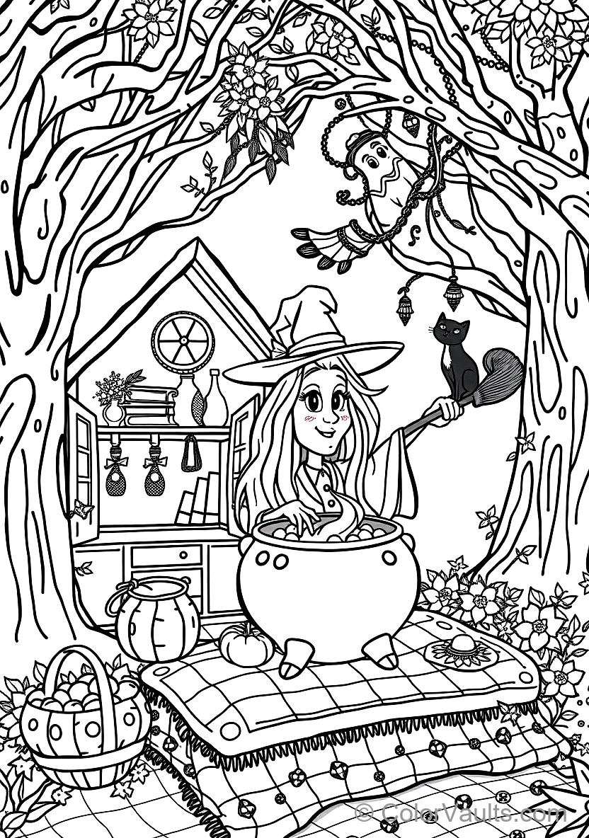 Friendly Cartoon Witch Stirring Bubbling Cauldron (Scene 3)