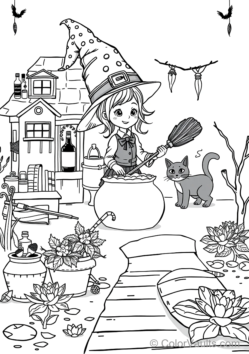 Friendly Cartoon Witch Stirring Bubbling Cauldron (Scene 4)