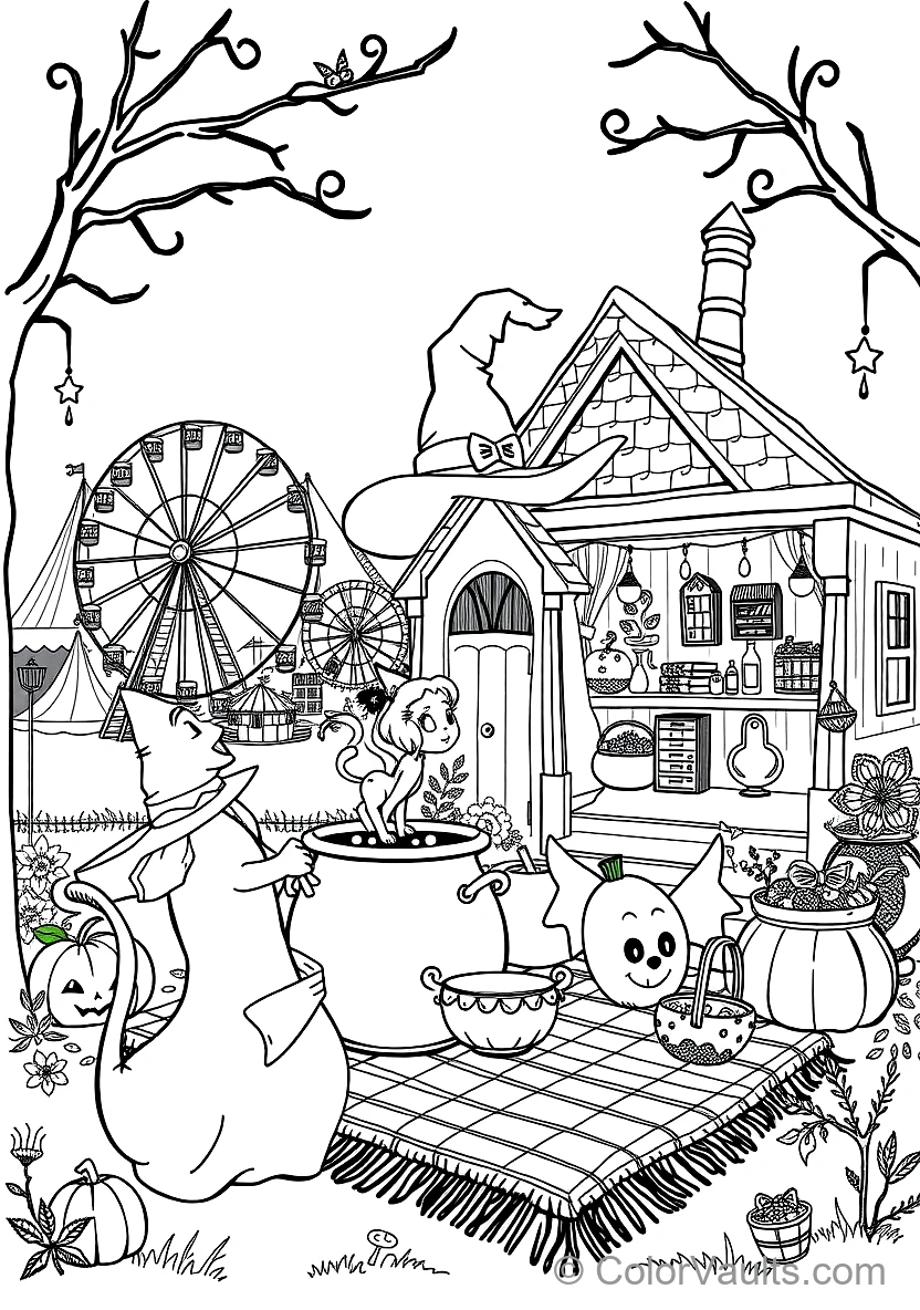Friendly Cartoon Witch Stirring Bubbling Cauldron (Scene 5)