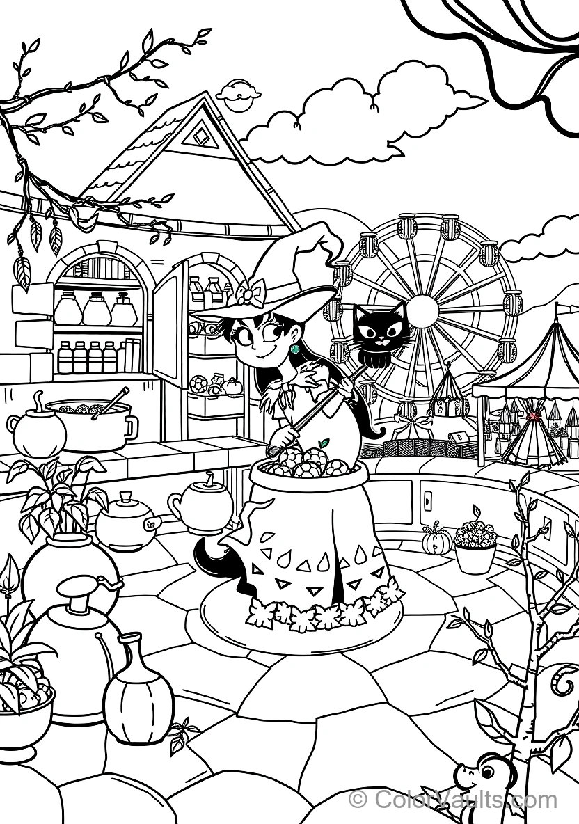 Friendly Cartoon Witch Stirring Bubbling Cauldron (Scene 6)