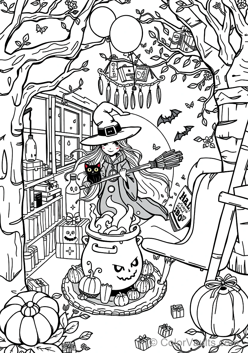 Friendly Cartoon Witch Stirring Bubbling Cauldron (Scene 7)