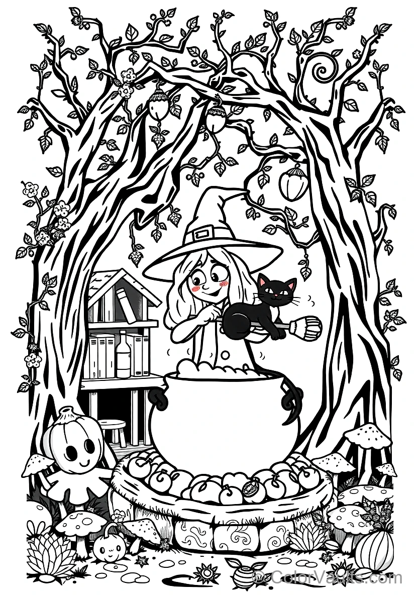 Friendly Cartoon Witch Stirring Bubbling Cauldron (Scene 8)