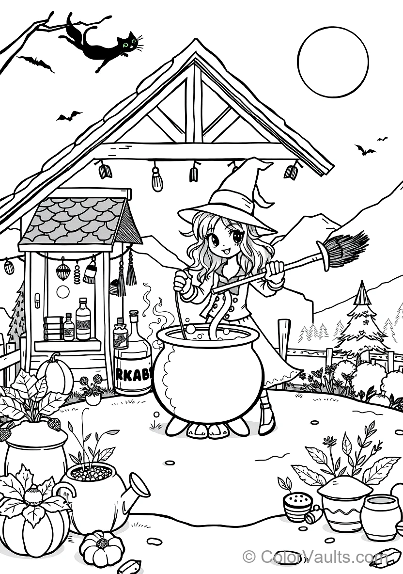 Friendly Cartoon Witch Stirring Bubbling Cauldron (Scene 9)