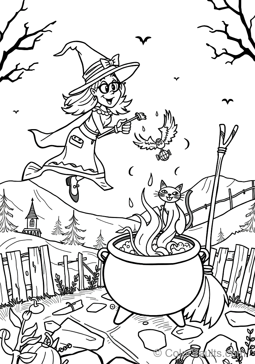 Friendly Cartoon Witch Stirring Bubbling Cauldron (Scene 11)
