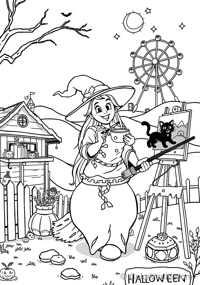 Friendly Cartoon Witch Stirring Bubbling Cauldron (Scene 12)