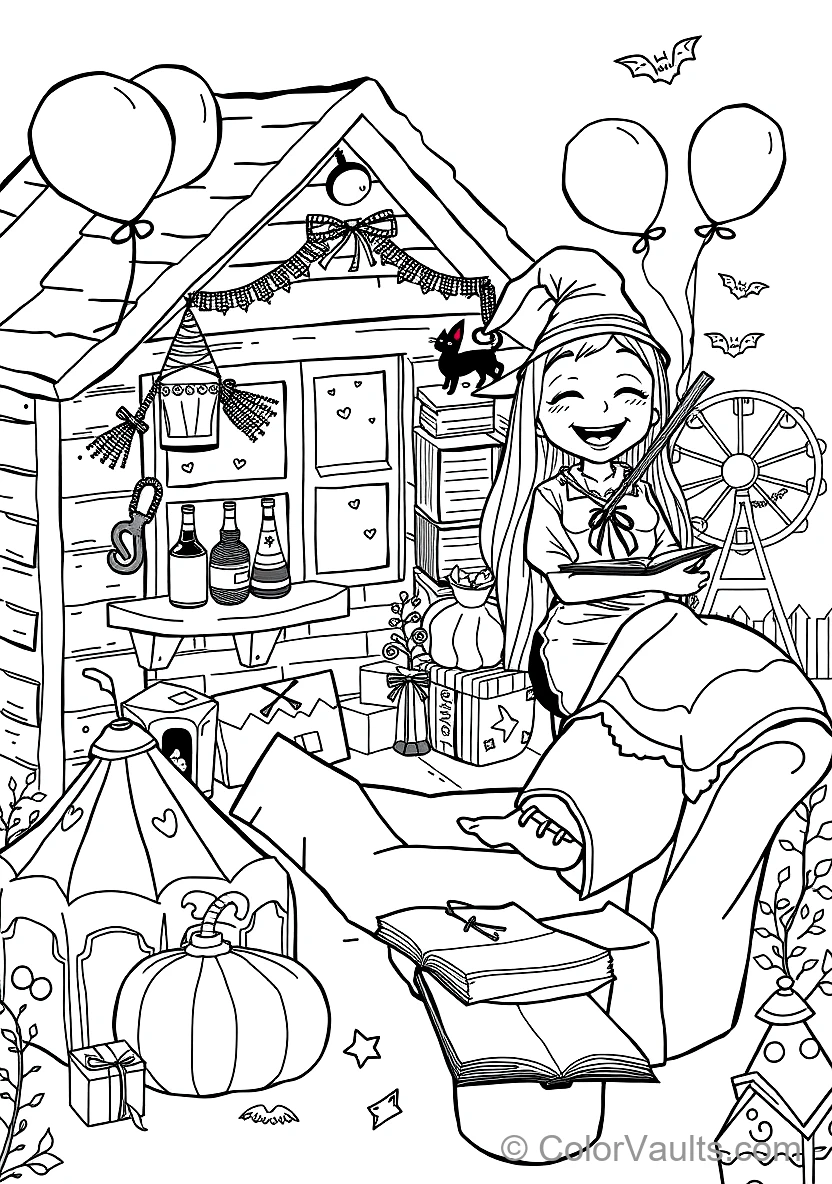Friendly Cartoon Witch Stirring Bubbling Cauldron (Scene 14)
