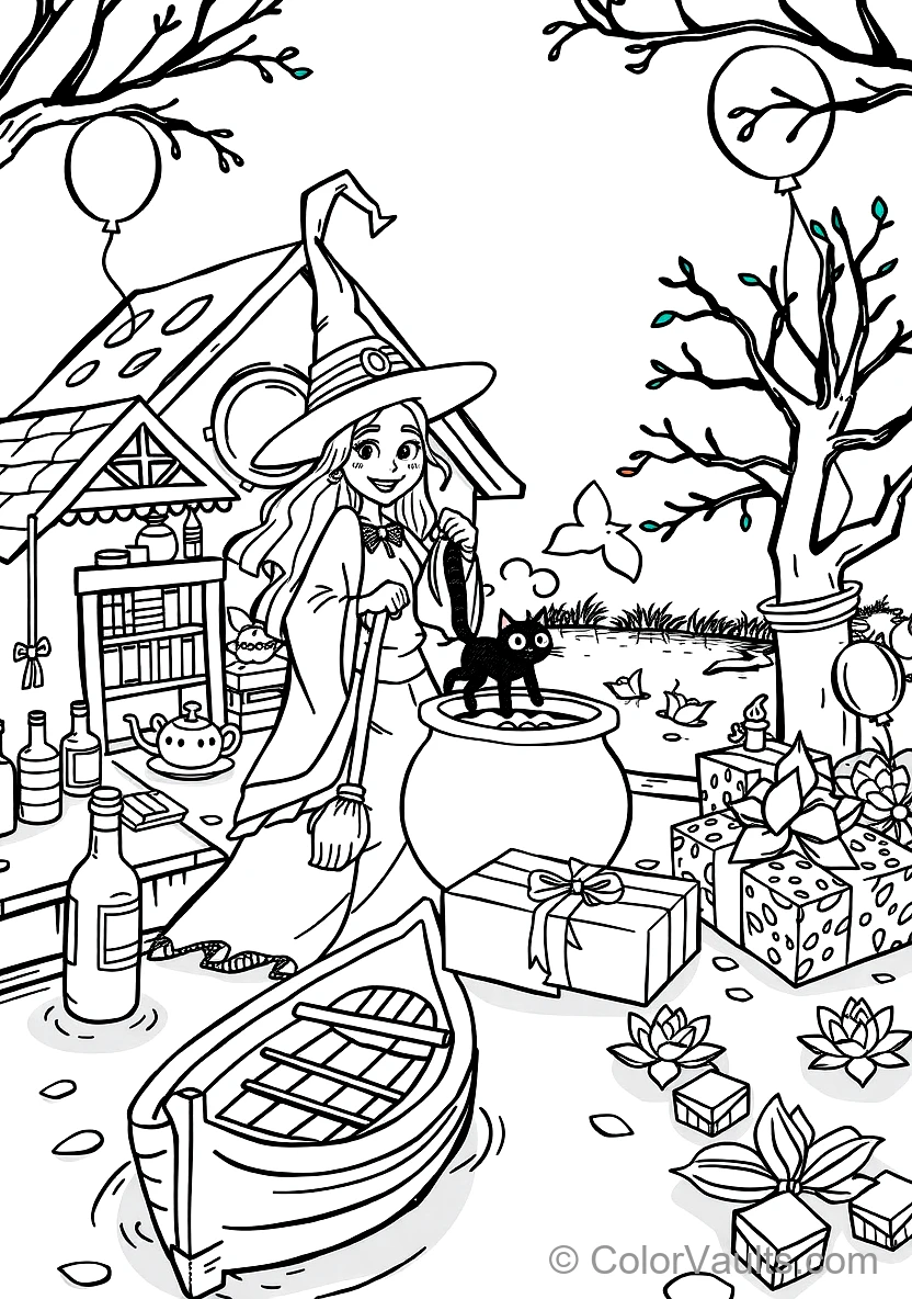 Friendly Cartoon Witch Stirring Bubbling Cauldron (Scene 15)