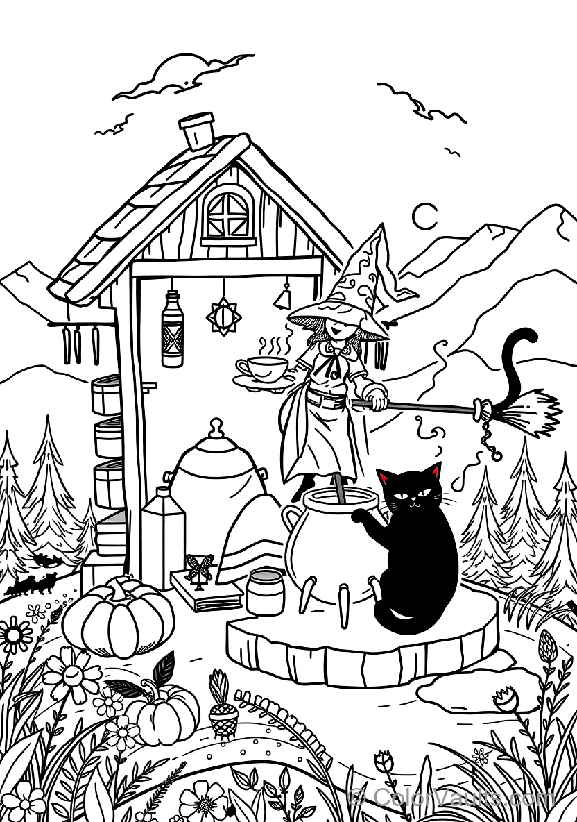 Friendly Cartoon Witch Stirring Bubbling Cauldron (Scene 16)