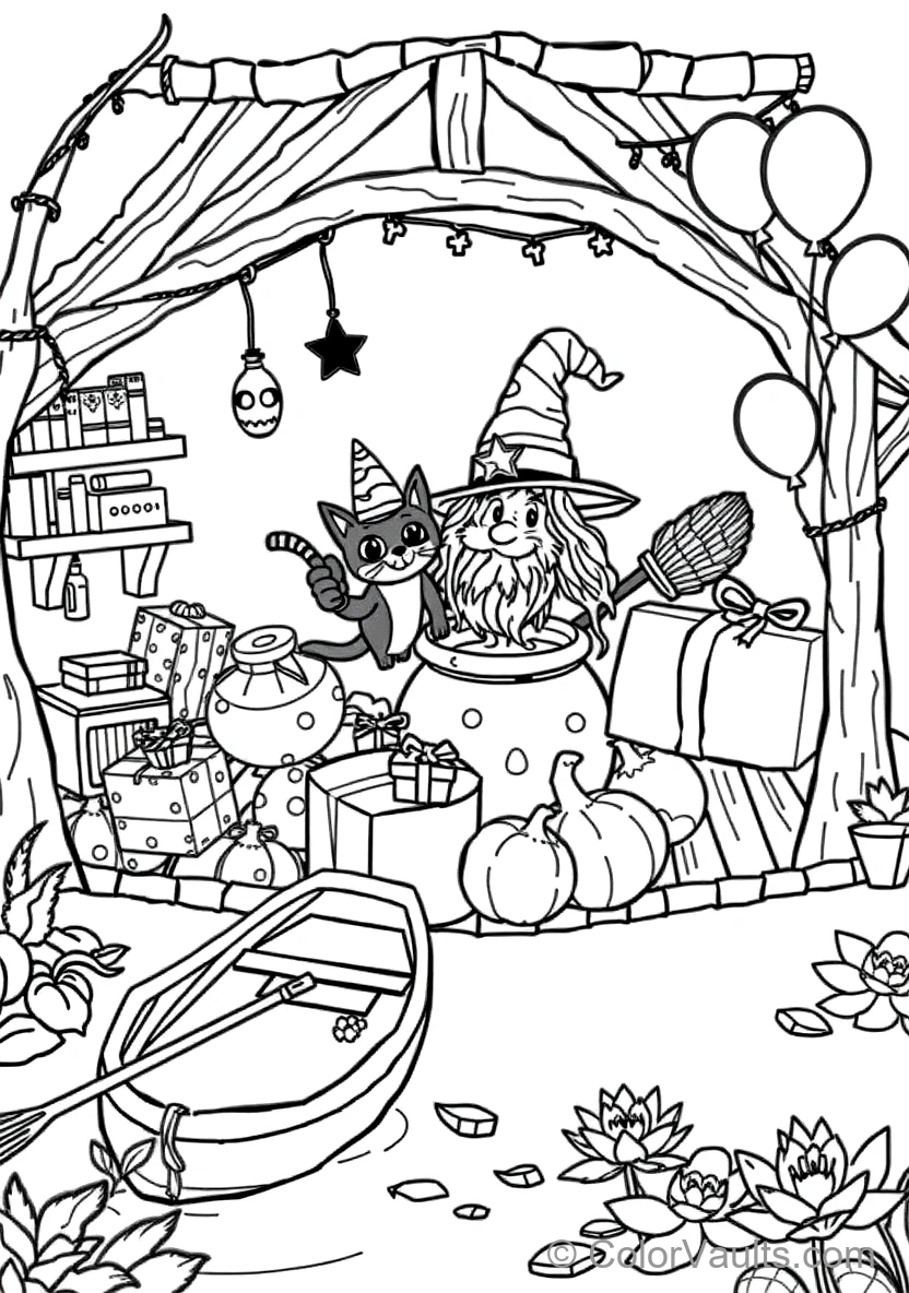 Friendly Cartoon Witch Stirring Bubbling Cauldron (Scene 17)