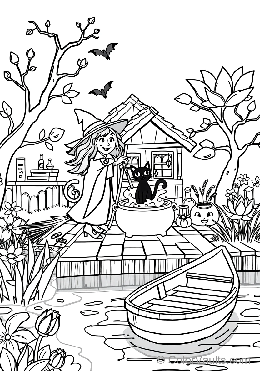 Friendly Cartoon Witch Stirring Bubbling Cauldron (Scene 18)