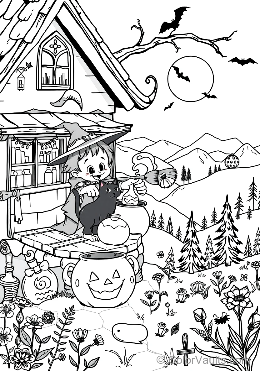 Friendly Cartoon Witch Stirring Bubbling Cauldron (Scene 19)