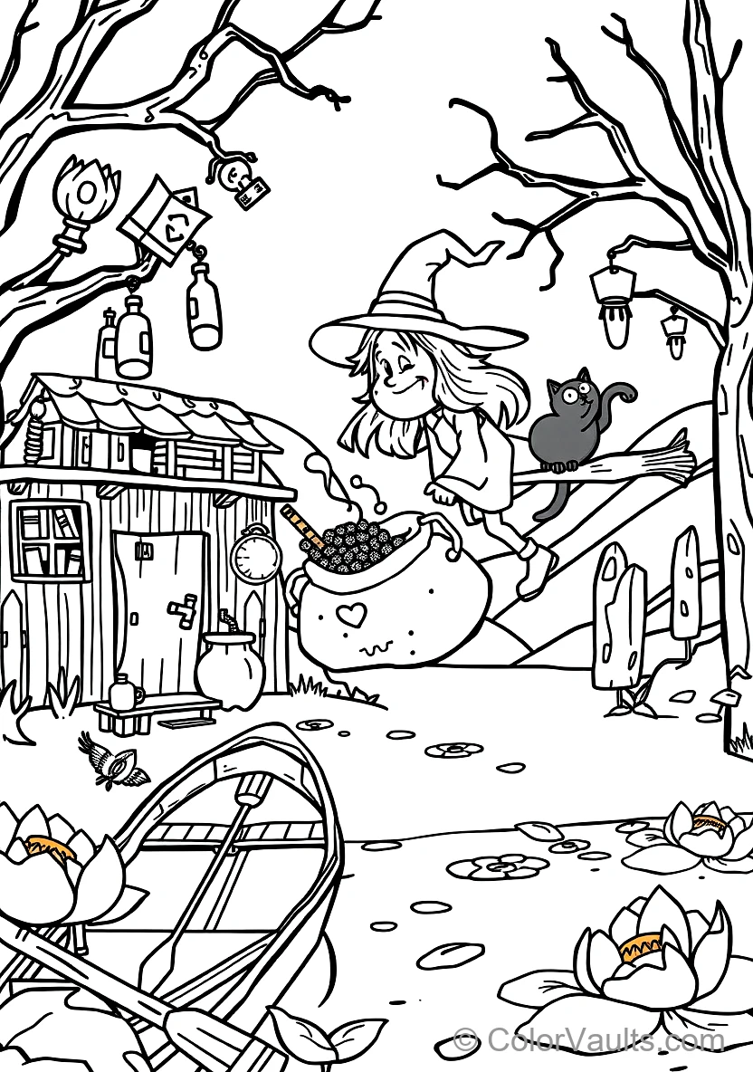 Friendly Cartoon Witch Stirring Bubbling Cauldron (Scene 20)