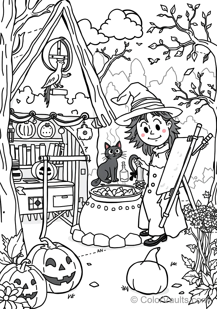 Friendly Cartoon Witch Stirring Bubbling Cauldron (Scene 21)