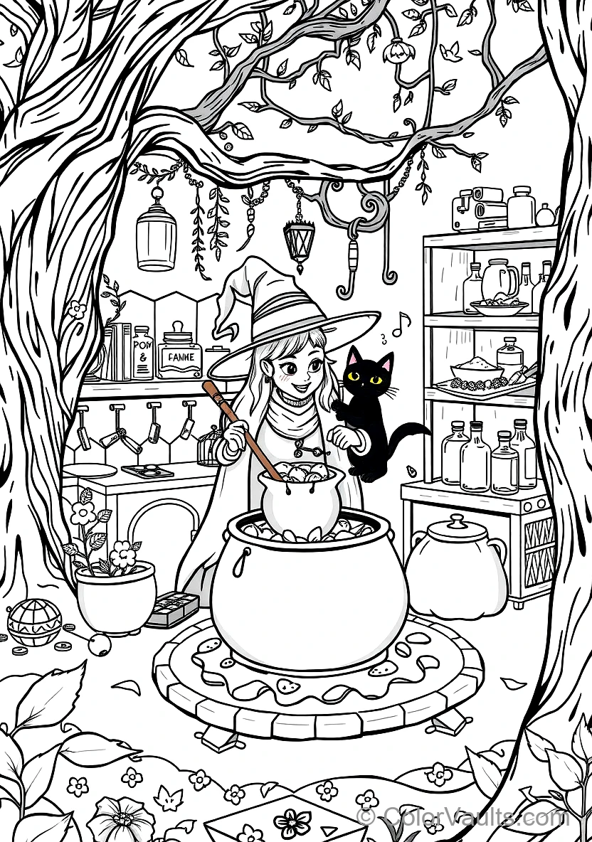 Friendly Cartoon Witch Stirring Bubbling Cauldron (Scene 22)