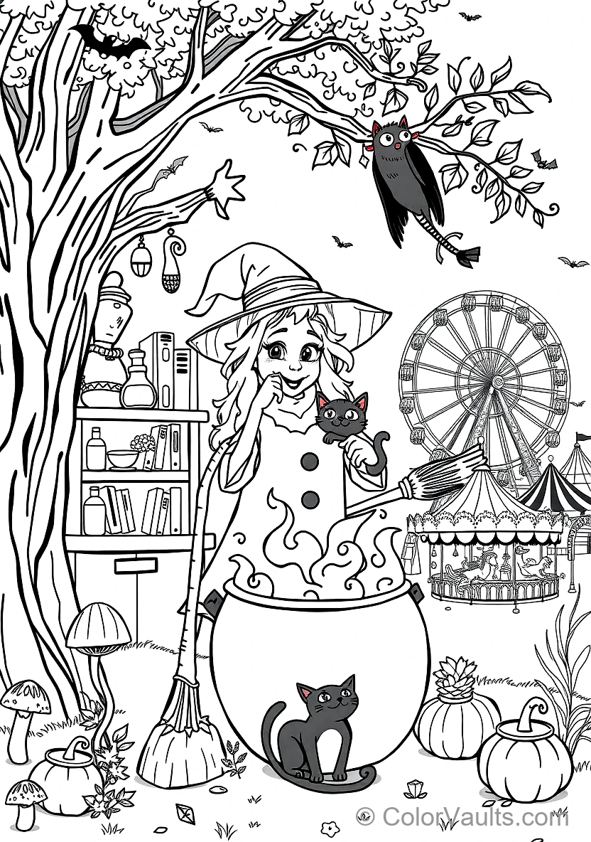 Friendly Cartoon Witch Stirring Bubbling Cauldron (Scene 24)