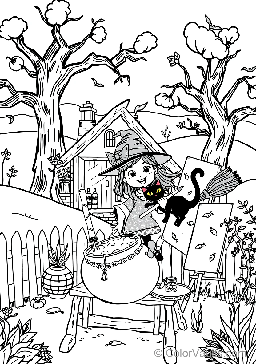 Friendly Cartoon Witch Stirring Bubbling Cauldron (Scene 25)
