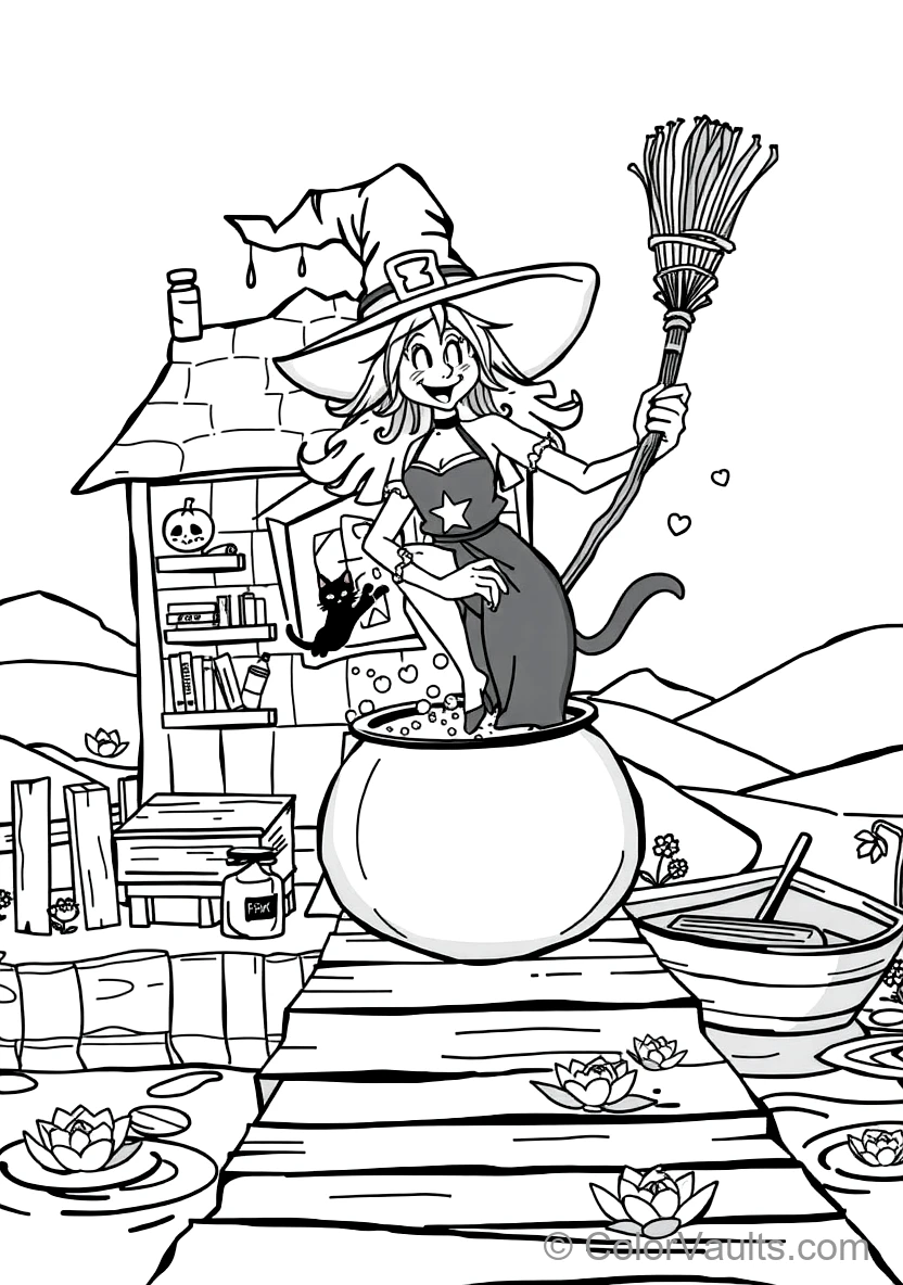 Friendly Cartoon Witch Stirring Bubbling Cauldron (Scene 26)