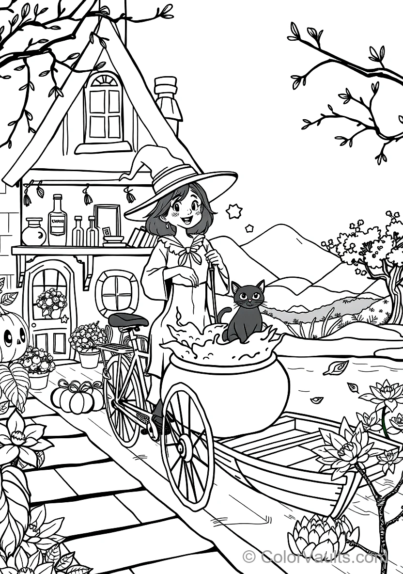 Friendly Cartoon Witch Stirring Bubbling Cauldron (Scene 27)