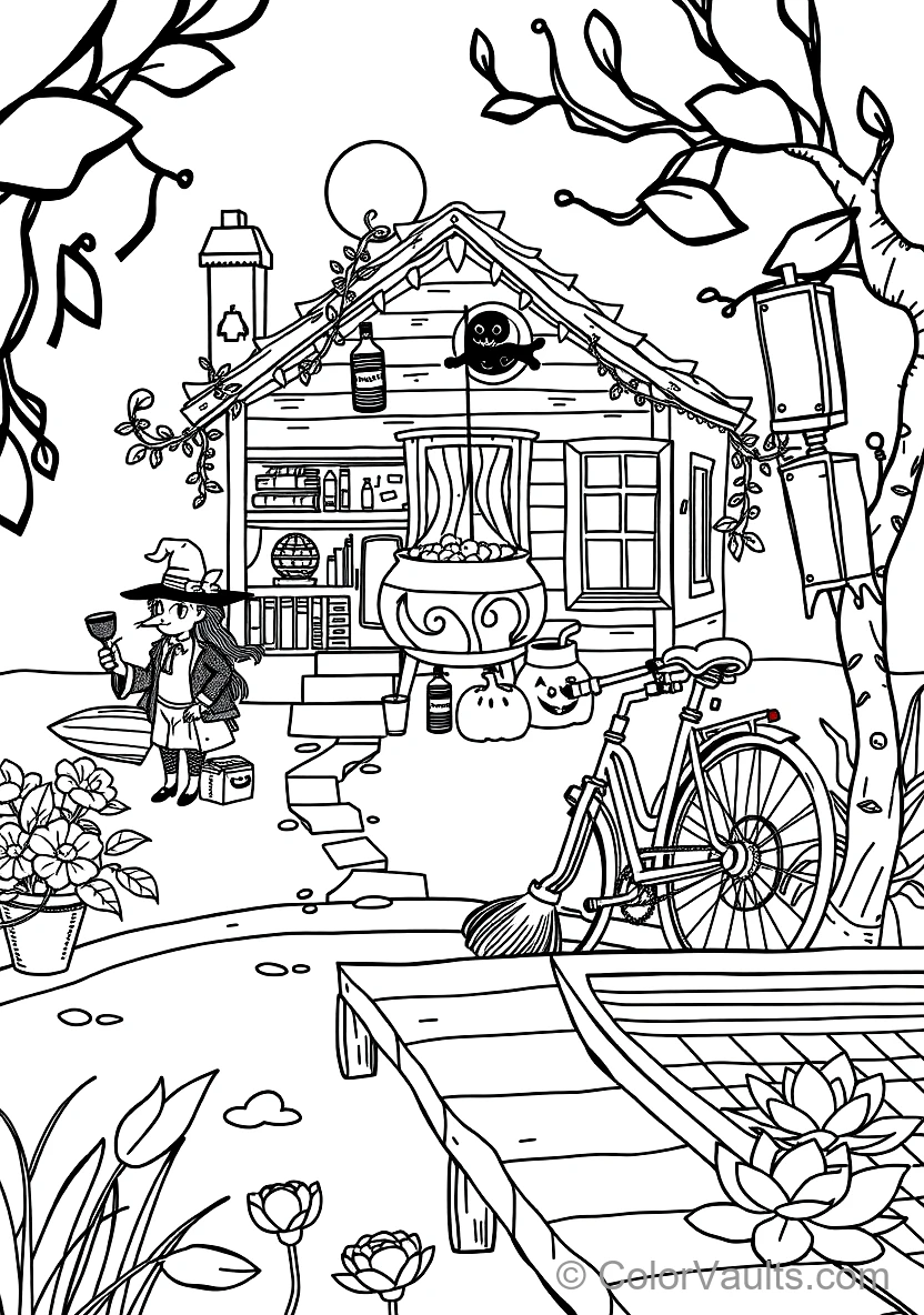 Friendly Cartoon Witch Stirring Bubbling Cauldron (Scene 29)