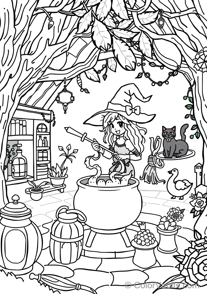 Friendly Cartoon Witch Stirring Bubbling Cauldron (Scene 30)