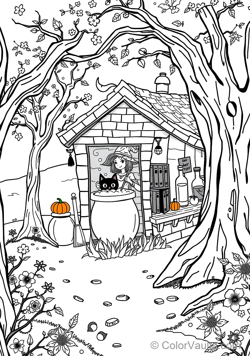 Friendly Cartoon Witch Stirring Bubbling Cauldron (Scene 31)