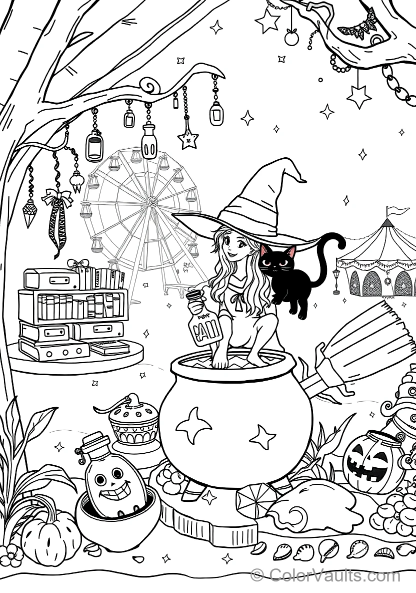 Friendly Cartoon Witch Stirring Bubbling Cauldron (Scene 32)