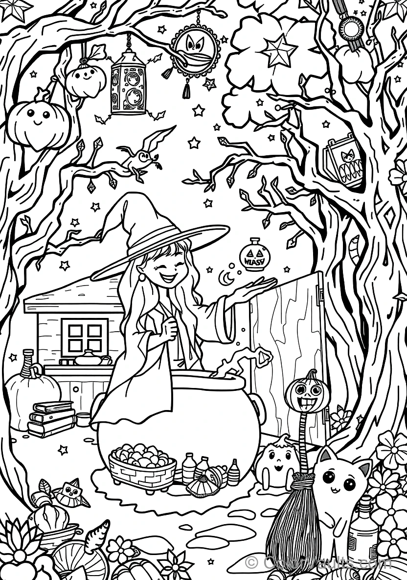 Friendly Cartoon Witch Stirring Bubbling Cauldron (Scene 33)