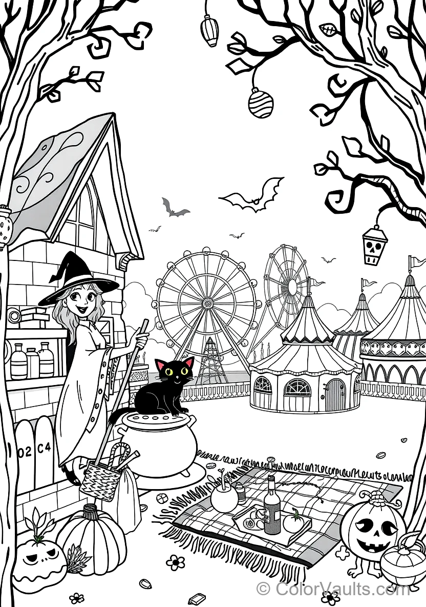 Friendly Cartoon Witch Stirring Bubbling Cauldron (Scene 35)