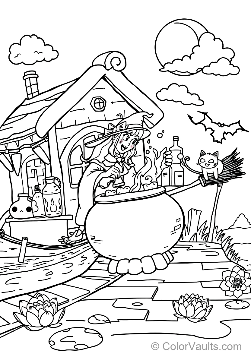 Friendly Cartoon Witch Stirring Bubbling Cauldron (Scene 36)