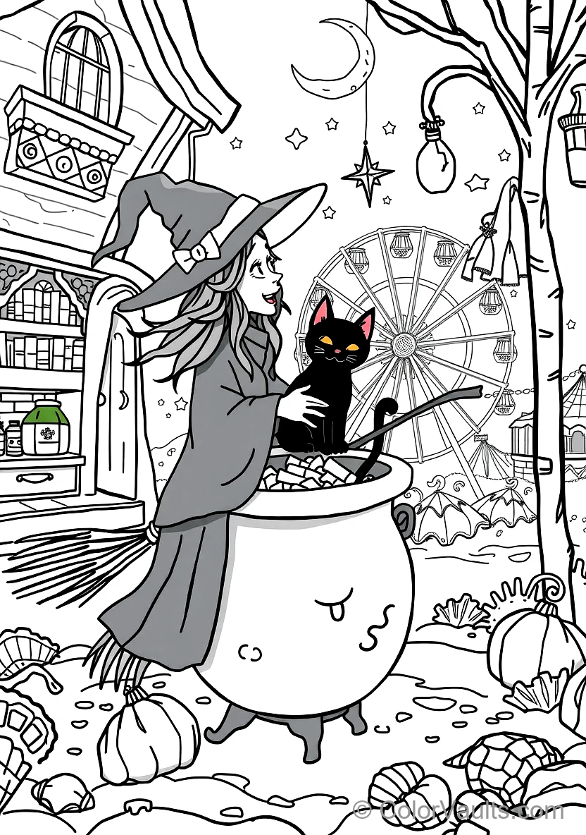 Friendly Cartoon Witch Stirring Bubbling Cauldron (Scene 37)