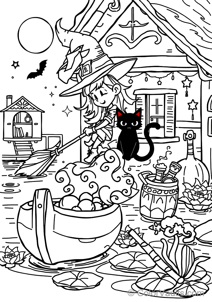 Friendly Cartoon Witch Stirring Bubbling Cauldron (Scene 38)