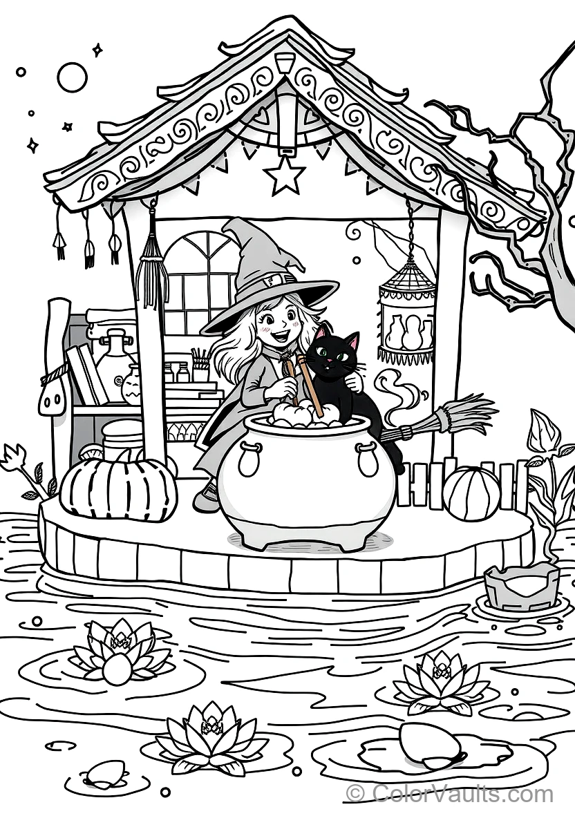 Friendly Cartoon Witch Stirring Bubbling Cauldron (Scene 39)