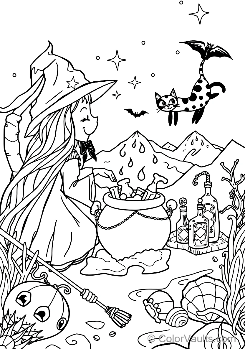 Friendly Cartoon Witch Stirring Bubbling Cauldron (Scene 40)