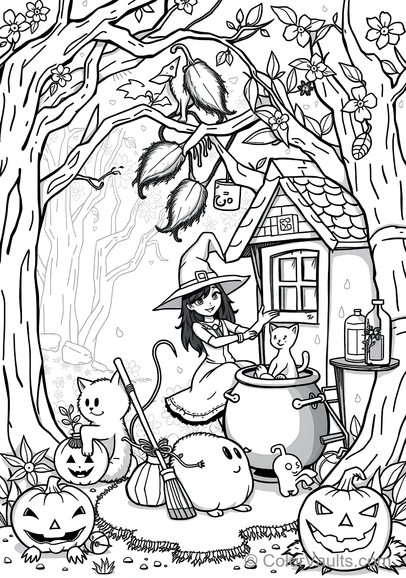 Friendly Cartoon Witch Stirring Bubbling Cauldron (Scene 41)