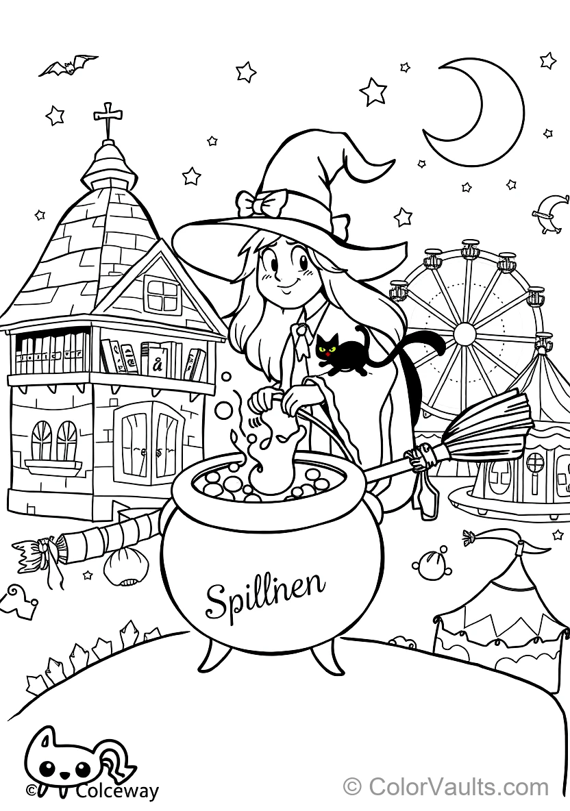 Friendly Cartoon Witch Stirring Bubbling Cauldron (Scene 42)