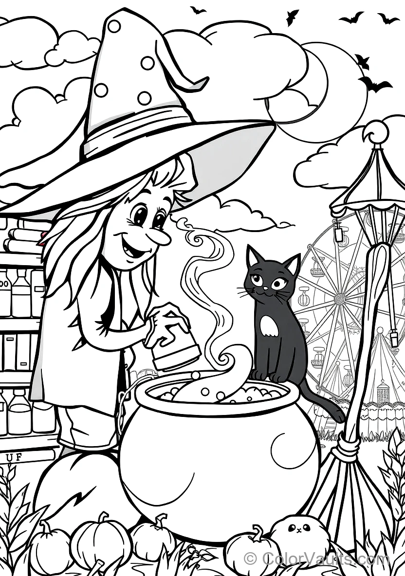 Friendly Cartoon Witch Stirring Bubbling Cauldron (Scene 43)