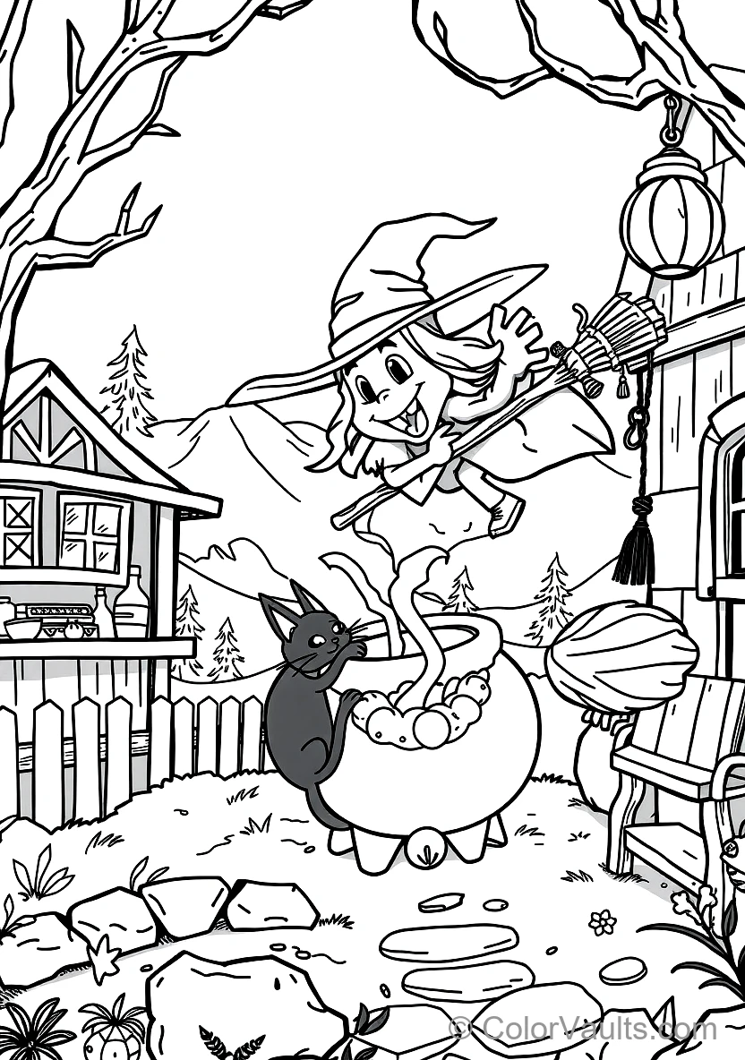 Friendly Cartoon Witch Stirring Bubbling Cauldron (Scene 44)