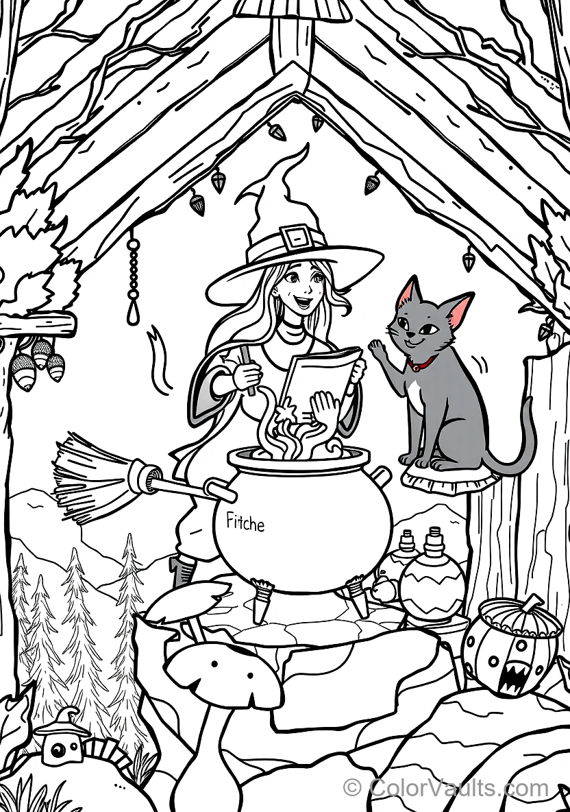 Friendly Cartoon Witch Stirring Bubbling Cauldron (Scene 45)