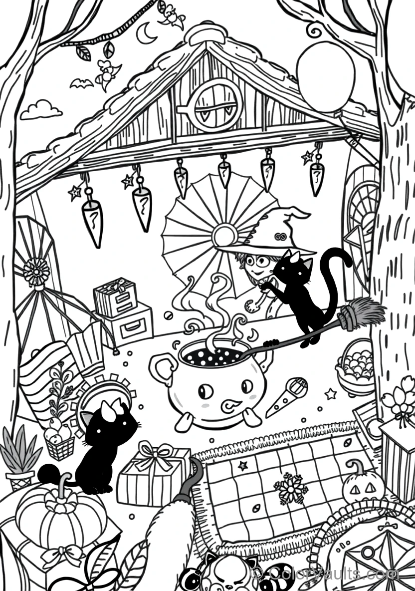 Friendly Cartoon Witch Stirring Bubbling Cauldron (Scene 46)