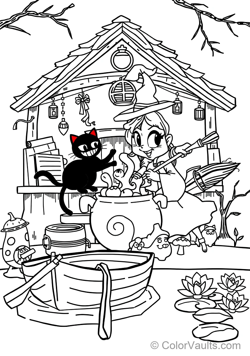 Friendly Cartoon Witch Stirring Bubbling Cauldron (Scene 47)