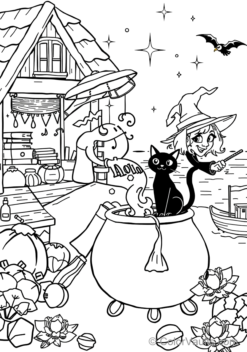Friendly Cartoon Witch Stirring Bubbling Cauldron (Scene 48)