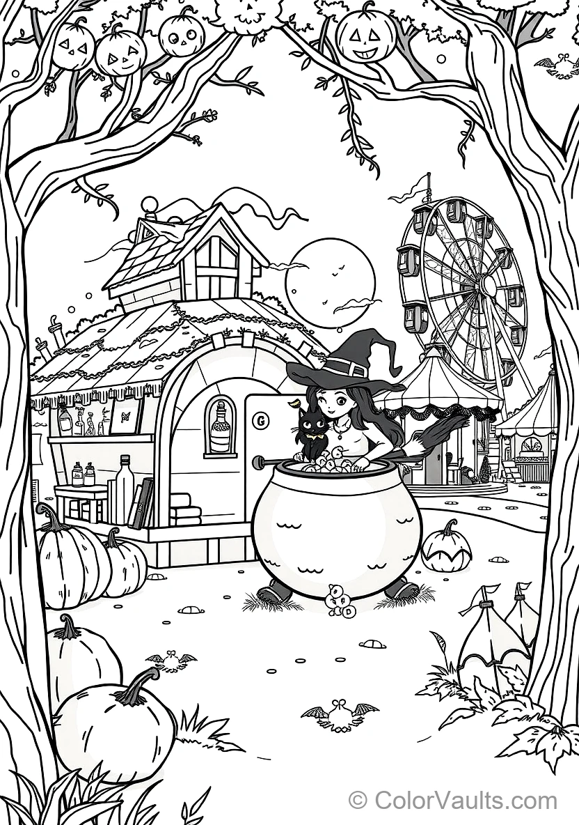 Friendly Cartoon Witch Stirring Bubbling Cauldron (Scene 49)