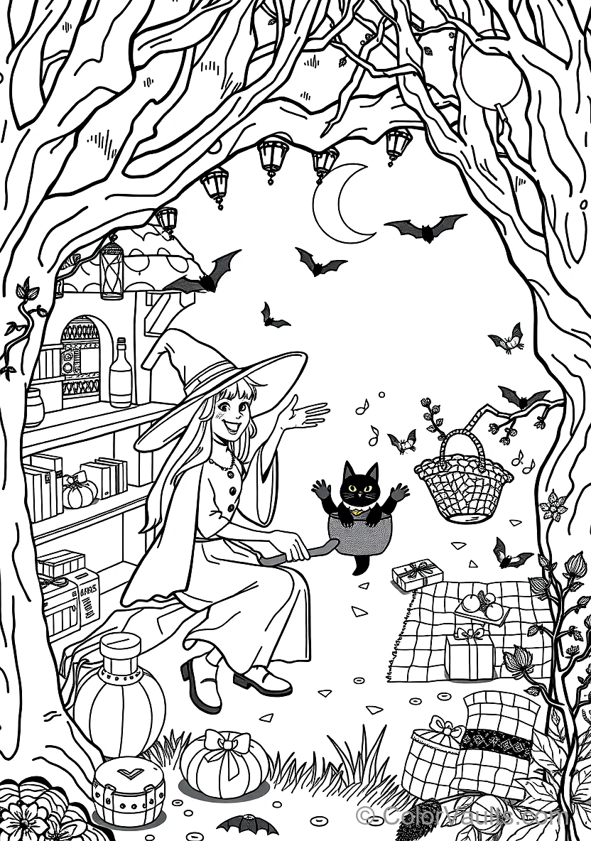 Friendly Cartoon Witch Stirring Bubbling Cauldron (Scene 50)