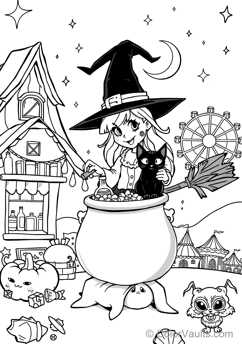 Friendly Cartoon Witch Stirring Bubbling Cauldron (Scene 51)