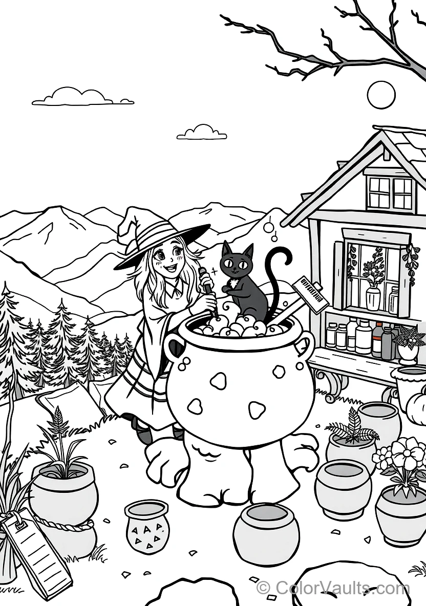 Friendly Cartoon Witch Stirring Bubbling Cauldron (Scene 52)