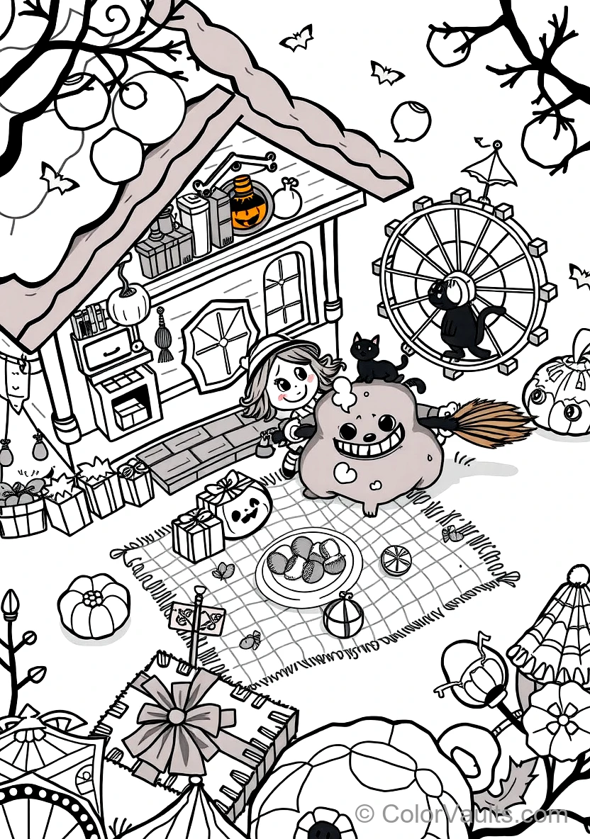 Friendly Cartoon Witch Stirring Bubbling Cauldron (Scene 53)