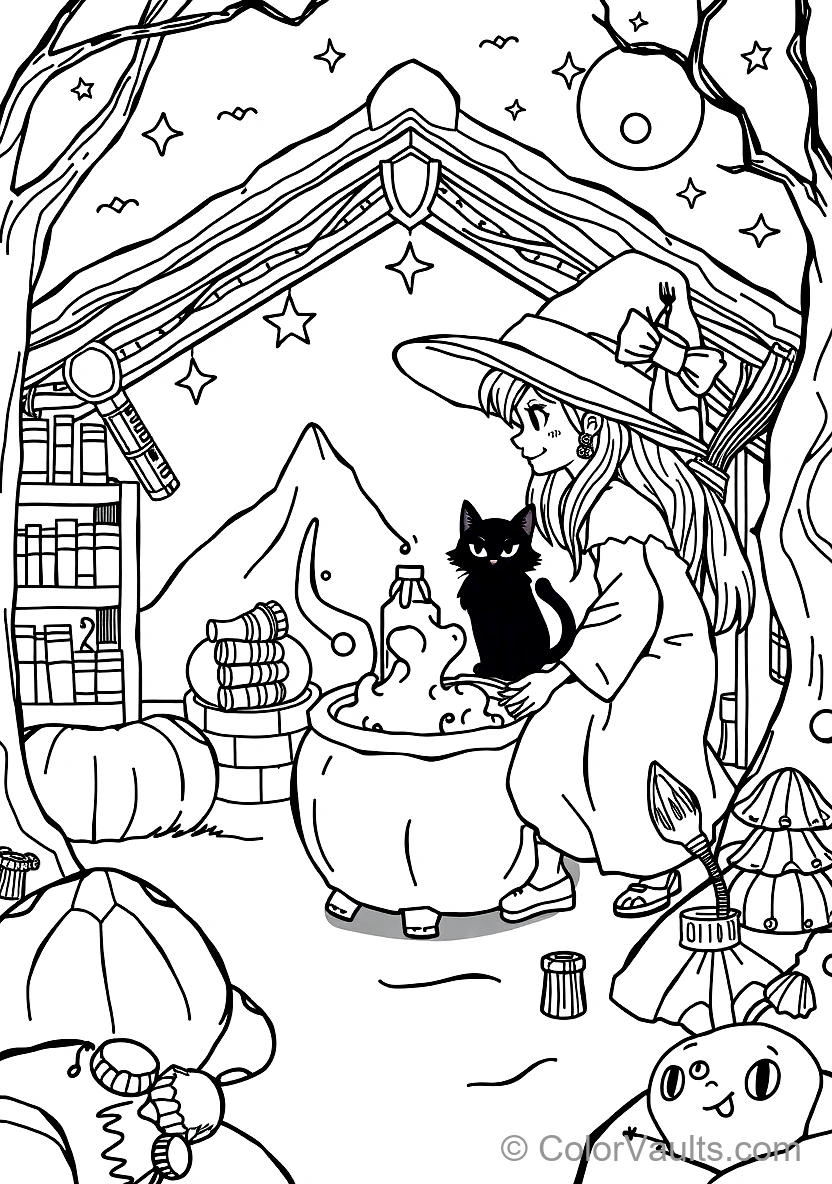 Friendly Cartoon Witch Stirring Bubbling Cauldron (Scene 54)