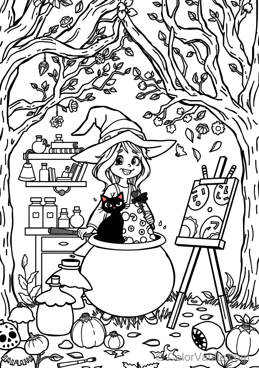 Friendly Cartoon Witch Stirring Bubbling Cauldron (Scene 55)