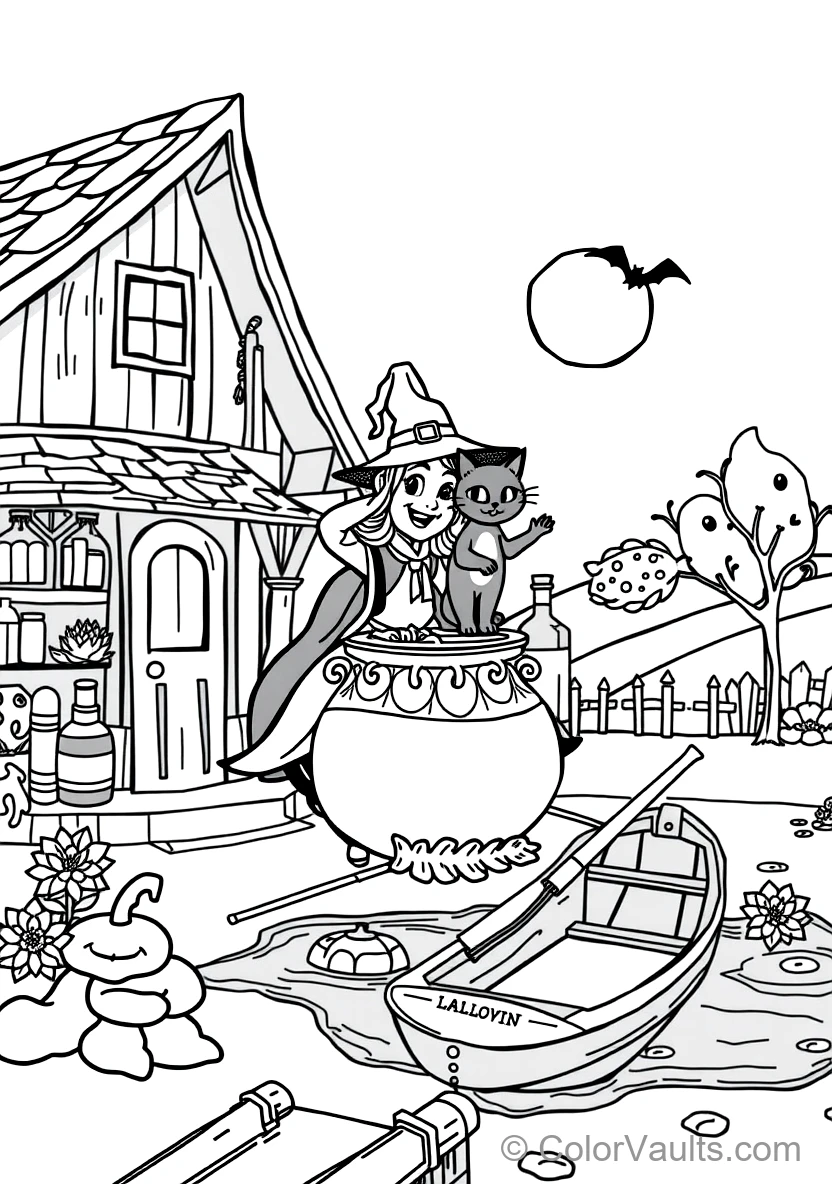 Friendly Cartoon Witch Stirring Bubbling Cauldron (Scene 56)