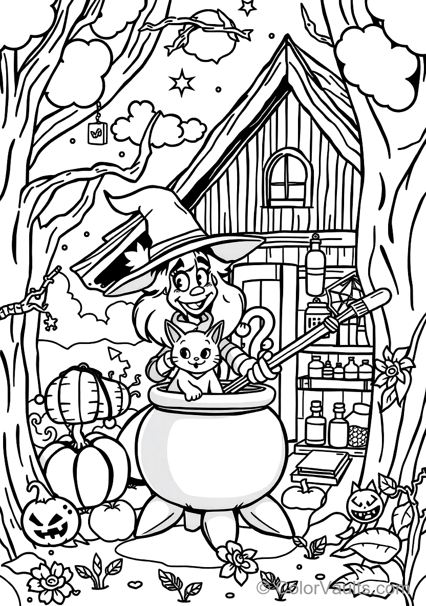 Friendly Cartoon Witch Stirring Bubbling Cauldron (Scene 57)